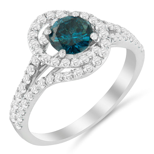 Bague cocktail à double halo entrelacé en or blanc 14 carats, diamants blancs et bleus de 1,33 carat (couleur G-H et bleu fantaisie, pureté SI2-I1) – Taille 6