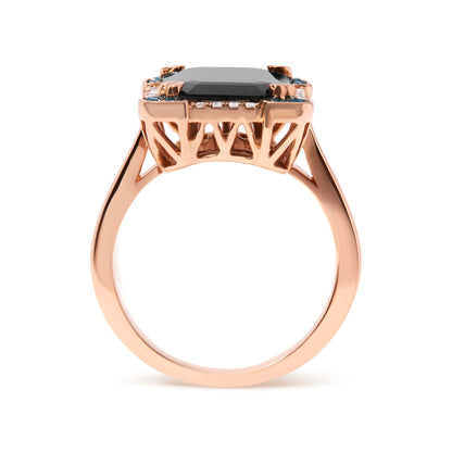 14K Rose Gold 15x10 MM Emerald-Cut Black Onyx and 1/5 Cttw Blue and White Diamond Halo Cocktail Ring (G-H Color, SI1-SI2 Clarity)- Size 7
