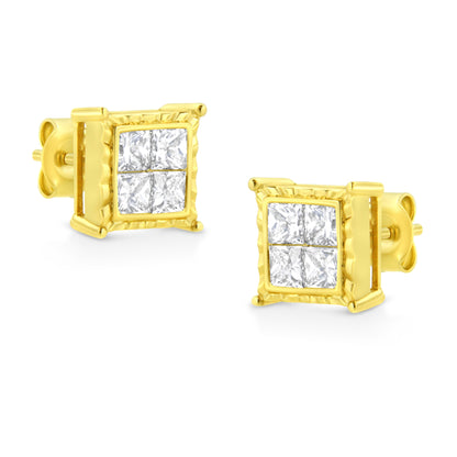 14K Yellow Gold 1 Cttw Princess Cut Diamond Square Stud Earrings