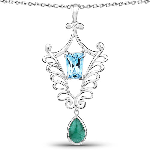 9.23 Carat Genuine Emerald and Swiss Blue Topaz .925 Sterling Silver Pendant