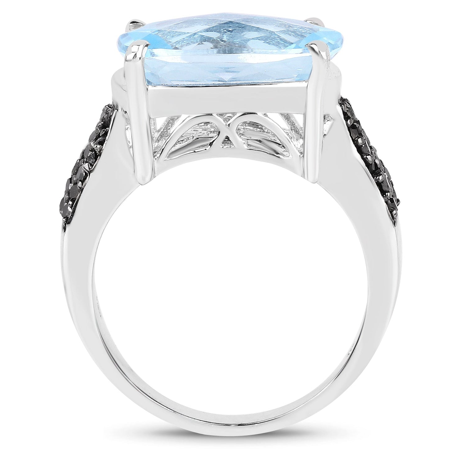 3.96 Carat Genuine Baby Swiss Blue Topaz and Black Diamond .925 Sterling Silver Ring