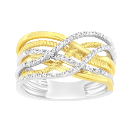 Bague Jonc Croisé Multirangs en Argent Sterling .925 Plaqué Or Jaune 10K sertie de Diamants 1/10 Carat (Couleur I-J, Clarté I1-I2) - Taille 7