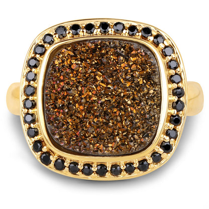 14K Yellow Gold Plated 6.19 Carat Genuine Drusy Quartz and Black Spinel .925 Sterling Silver Ring