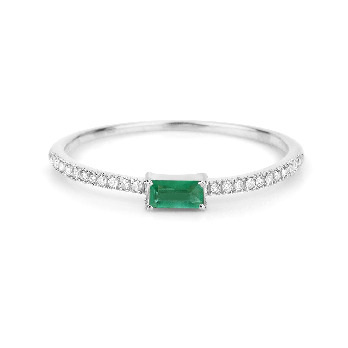 0.18 Carat Genuine Zambian Emerald and White Diamond 14K White Gold Ring