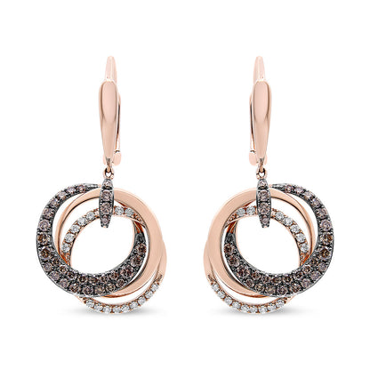 14K Rose Gold 1.00 Cttw White and Brown Diamond Intertwining Hoops and Circle Dangle Earrings (H-I/Brown Color, SI1-SI2 Clarity)