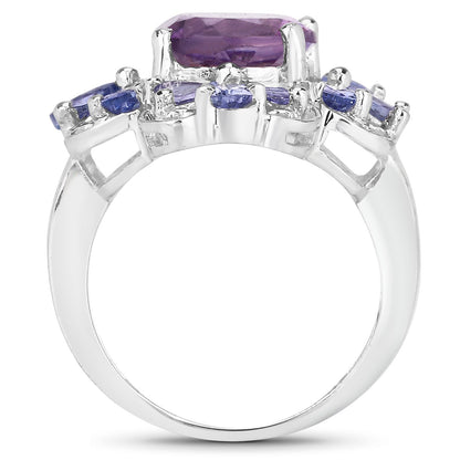4.88 Carat Genuine Amethyst and Tanzanite .925 Sterling Silver Ring