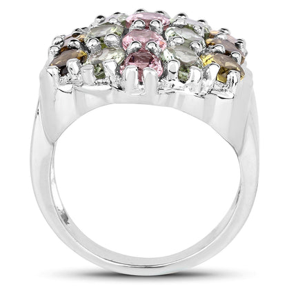 6.74 Carat Genuine Brown Tourmaline, Pink Tourmaline & Green Tourmaline .925 Sterling Silver Ring