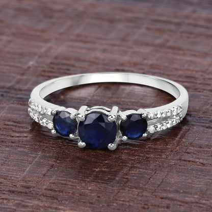 1.08 Carat Genuine Blue Sapphire and White Diamond 14K White Gold Ring
