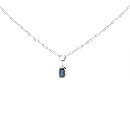 10K White Gold Emerald Cut 6x4 MM Blue Sapphire Solitaire Pendant Necklace - 18 inch