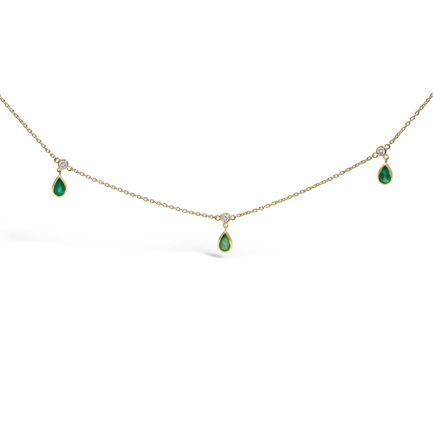 10K Yellow Gold Dangling 5x3 mm Green Emerald and Diamond Station Necklace - 18" Inches