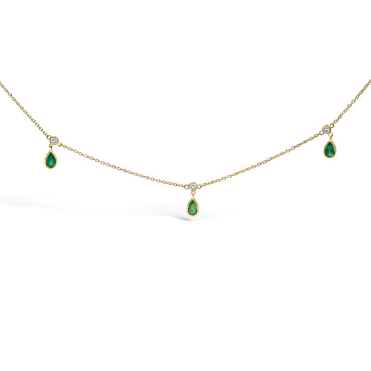 Collier en or jaune 10 carats avec émeraudes vertes 5x3 mm et diamants, 18 pouces