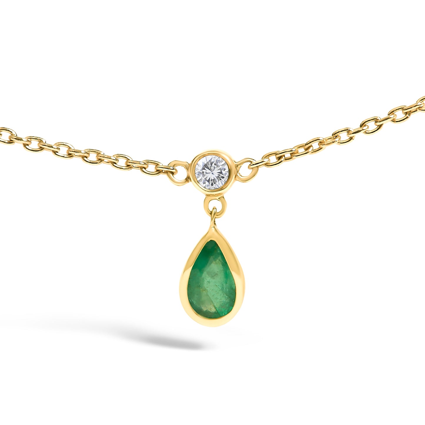10K Yellow Gold Dangling 5x3 mm Green Emerald and Diamond Station Necklace - 18" Inches