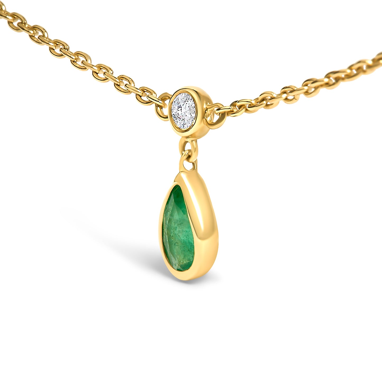 10K Yellow Gold Dangling 5x3 mm Green Emerald and Diamond Station Necklace - 18" Inches