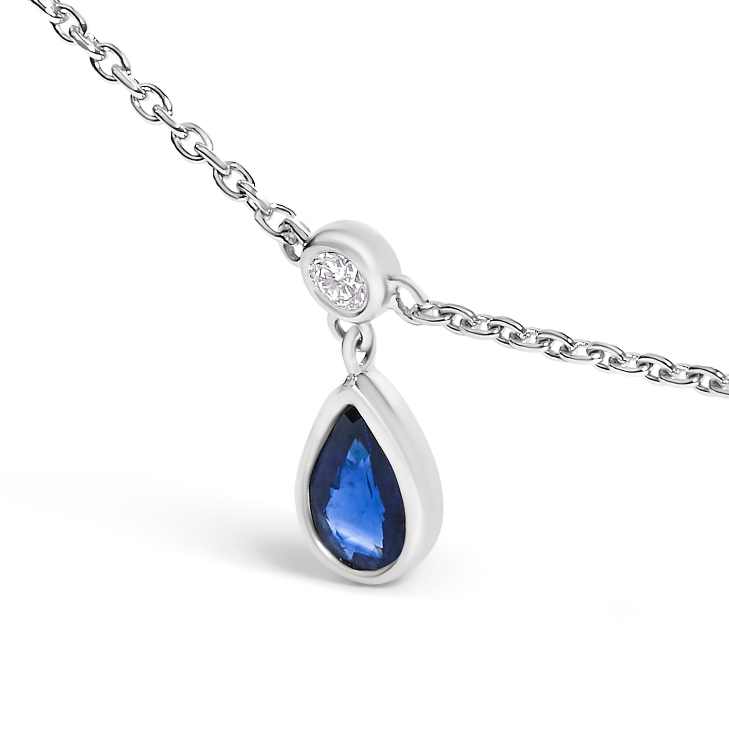 10K White Gold Dangling 5x3 mm Pear Blue Sapphire and Diamond Station Necklace - 18" Inches