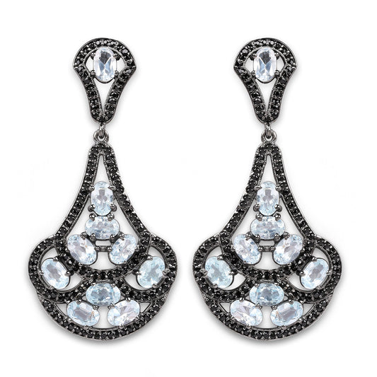 Boucles d'oreilles en argent sterling .925 avec topaze bleue véritable de 12,19 carats et spinelle noire