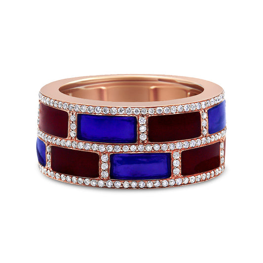 Bague en or rose 18 carats sertie de diamants 1/2 carat (couleur F-G, pureté VS1-VS2) et d'émail rouge et bleu alterné - Taille 7