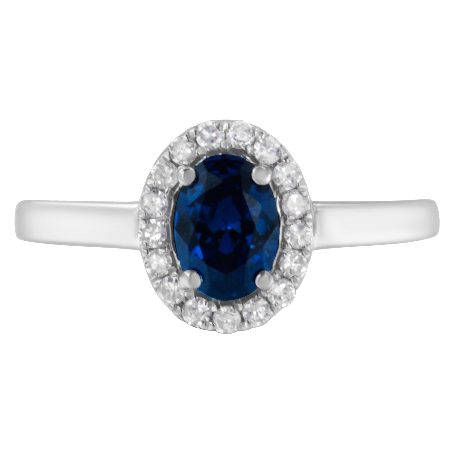 10K White Gold 1/5 Cttw Round Diamond and Prong Set 7MM Created Blue Sapphire Halo Cocktail Ring (H-I Color, I1-I2 Clarity) - Size 7