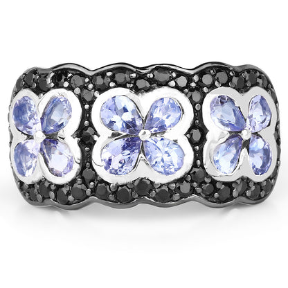 14K Yellow Gold Plated 2.60 Carat Genuine Tanzanite and Black Spinel .925 Sterling Silver Ring