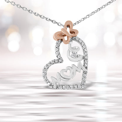 Two Tone .925 Sterling Silver 1/5 cttw Diamond "Mom" and Heart Pendant Necklace (H-I, I1-I2)