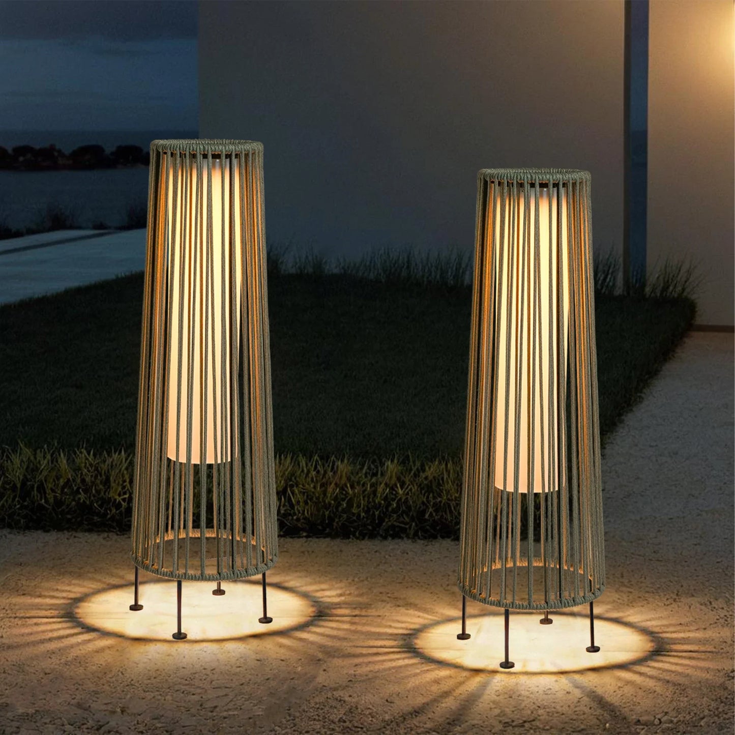 2 Piece Solar Powered Lantern Wicker Solar Patio Lamp Grey