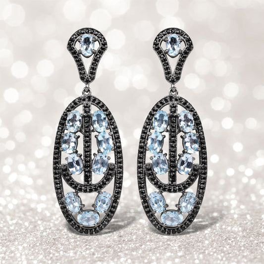 Boucles d'oreilles en argent sterling .925 avec topaze bleue véritable et spinelle noire de 13,80 carats