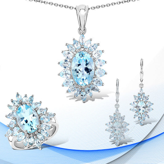 Parure de bijoux 3 pièces en argent sterling 925 avec topaze bleue véritable de 19,18 carats (bague, boucles d'oreilles et pendentif avec chaîne)