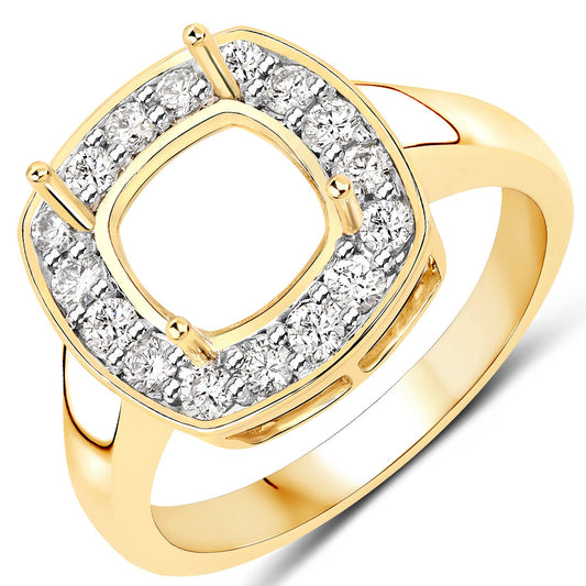 0.48 Carat Genuine White Diamond 14K Yellow Gold Semi Mount Ring - holds 8x8mm Cushion Gemstone
