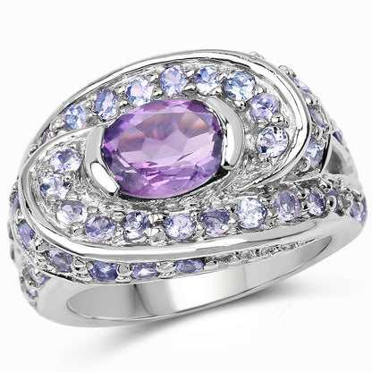 2.76 Carat Genuine Amethyst and Tanzanite .925 Sterling Silver Ring