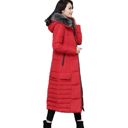 Hooded Padded Jacket with Fur Collar and Color Block