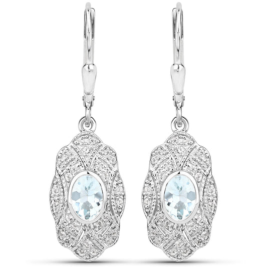 0.96 Carat Genuine Aquamarine and White Topaz .925 Sterling Silver Earrings
