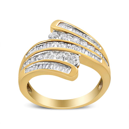 10K Yellow Gold 1 Cttw Round and Baguette-Cut Diamond Multi Row Bypass Ring Band (H-I Color, I1-I2 Clarity) - Ring Size 7