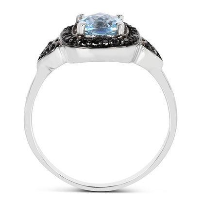 1.19 Carat Genuine Swiss Blue Topaz & Black Diamond .925 Sterling Silver Ring