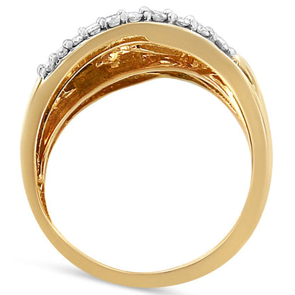 10K Yellow and White Gold 1.0 Cttw Round and Baguette-Cut Diamond Multirow Interwoven Cocktail Ring (I-J Color, I2-I3 Quality) - Size 7