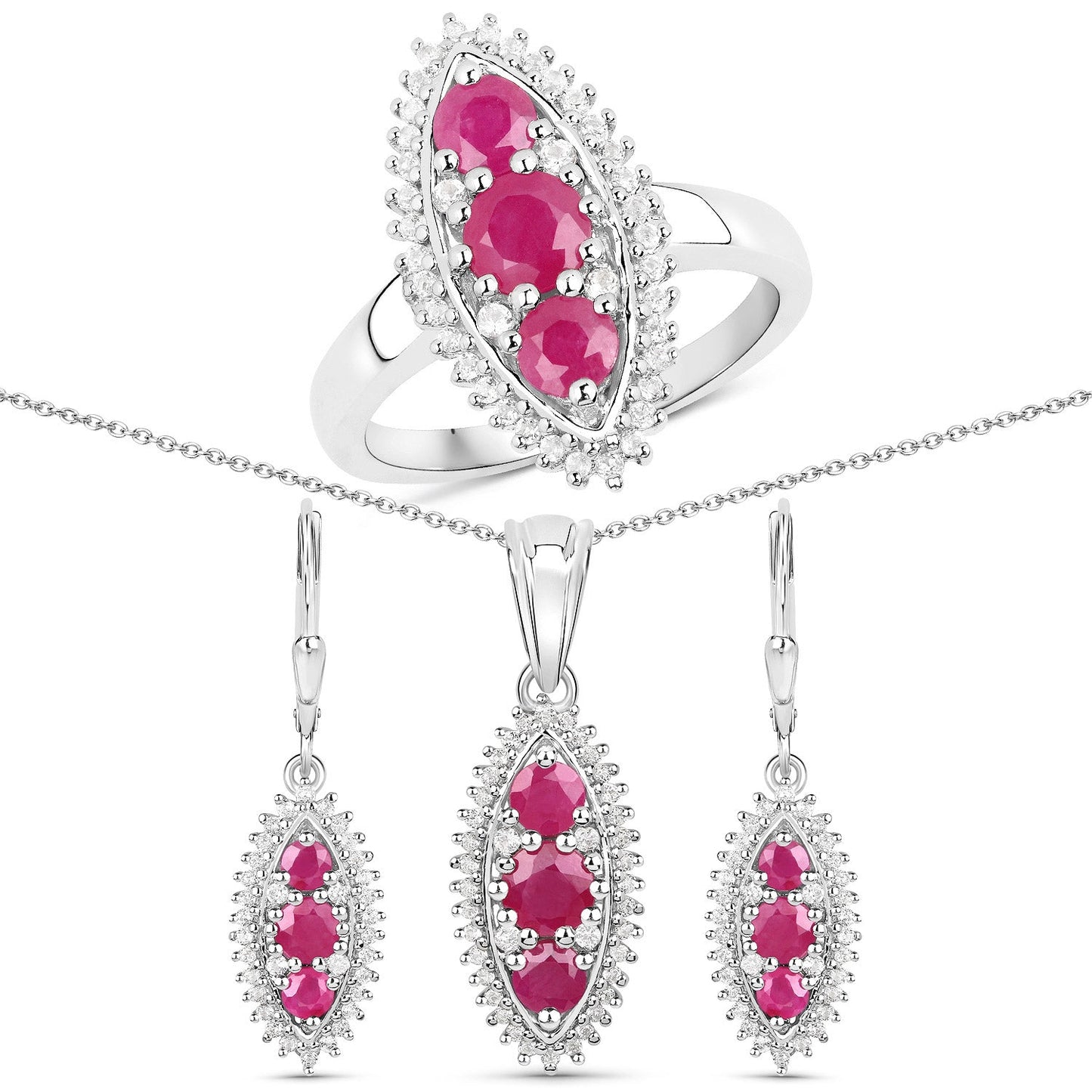 4.32 Carat Genuine Ruby and White Topaz .925 Sterling Silver 3 Piece Jewelry Set (Ring, Earrings, and Pendant w/ Chain)