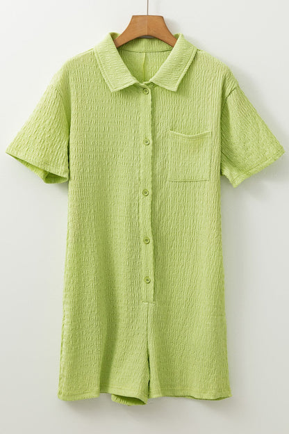 Textured Short Sleeve Patched Pocket Buttoned Romper