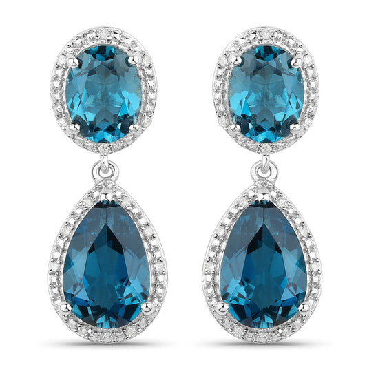 Boucles d'oreilles en topaze bleue de Londres authentique de 11,45 carats et diamants blancs en argent sterling 925