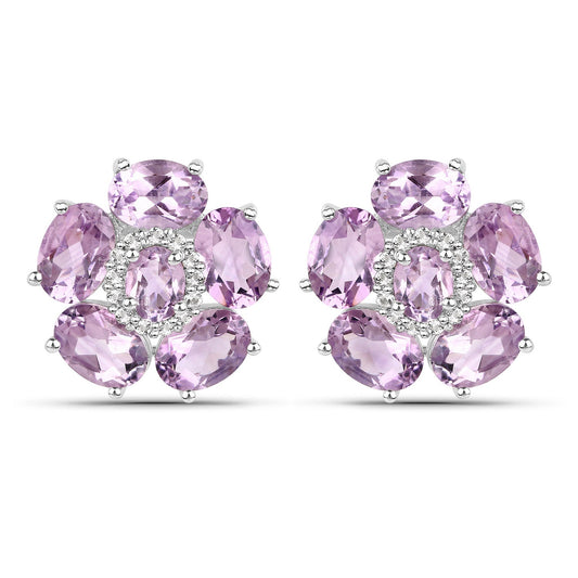 Boucles d'oreilles en argent sterling 925 plaqué or blanc 18 carats avec améthyste rose véritable de 7,74 carats et topaze blanche