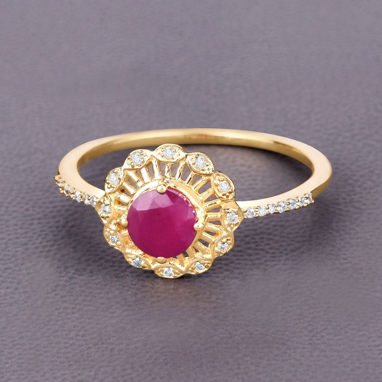 0.68 Carat Genuine Ruby and White Diamond 14K Yellow Gold Ring