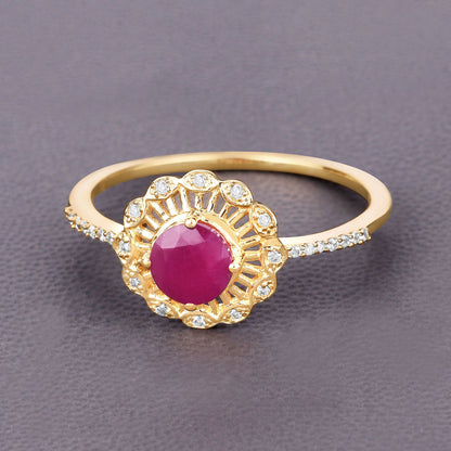 0.68 Carat Genuine Ruby and White Diamond 14K Yellow Gold Ring