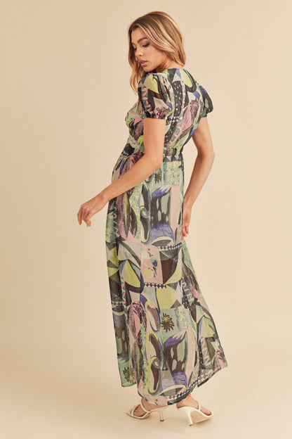 Aemi + Co Lace Detail Slit Geometric Print Short Sleeve Maxi Dress