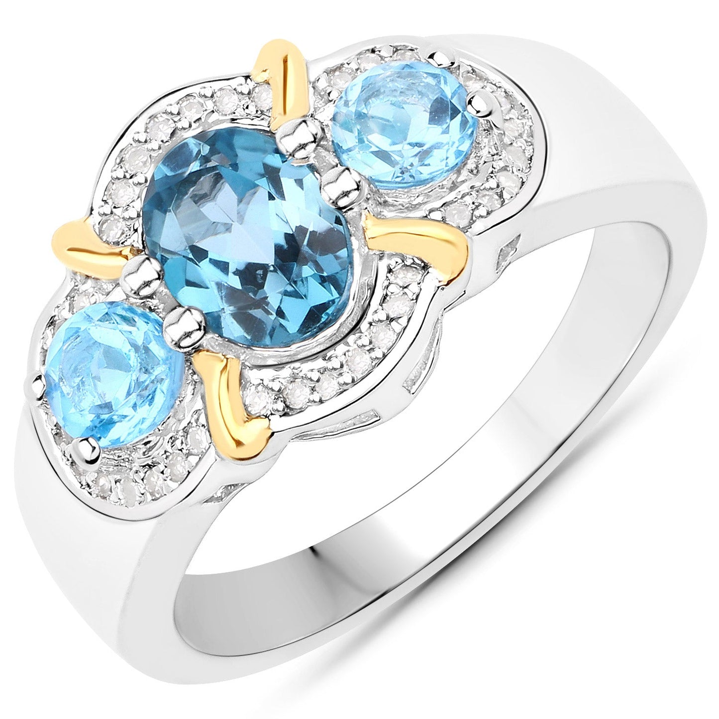 1.64 Carat Genuine London Blue Topaz, Swiss Blue Topaz and White Diamond .925 Sterling Silver Ring