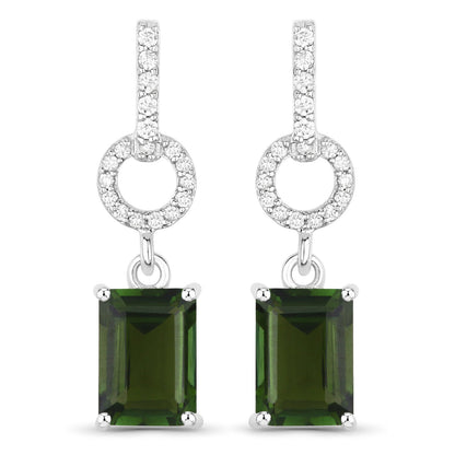 2.28 Carat Genuine Green Tourmaline and White Diamond 14K White Gold Earrings