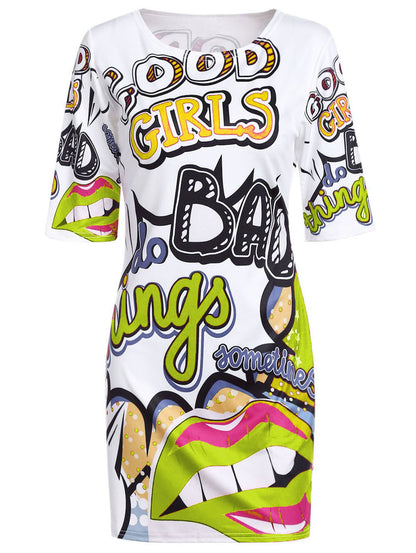 Funny Red Lips Graffiti Print T-Shirt Dress