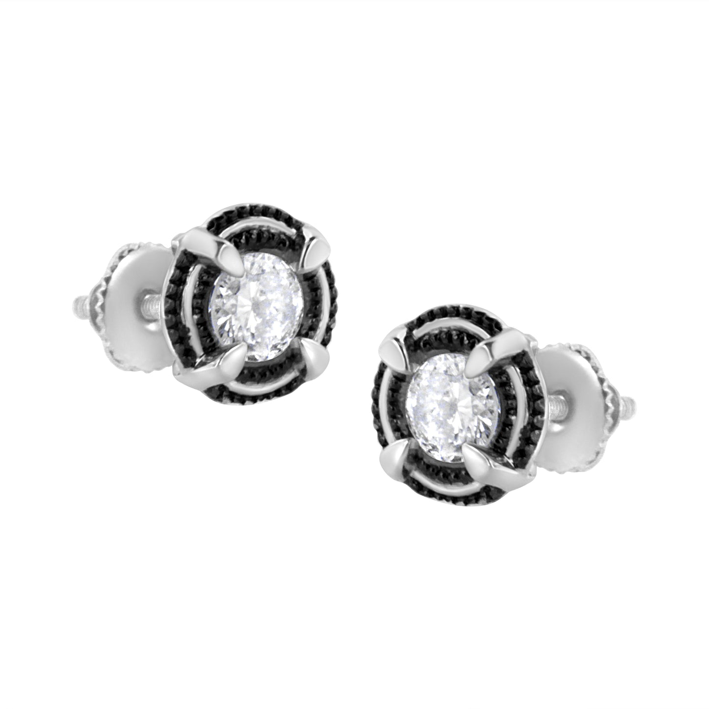 Black Rhodium Plated .925 Sterling Silver Round 1-1/2 cttw Diamond Double Halo 4-Prong Solitaire Milgrain Stud Earrings (H-I Color, I2-I3 Clarity)