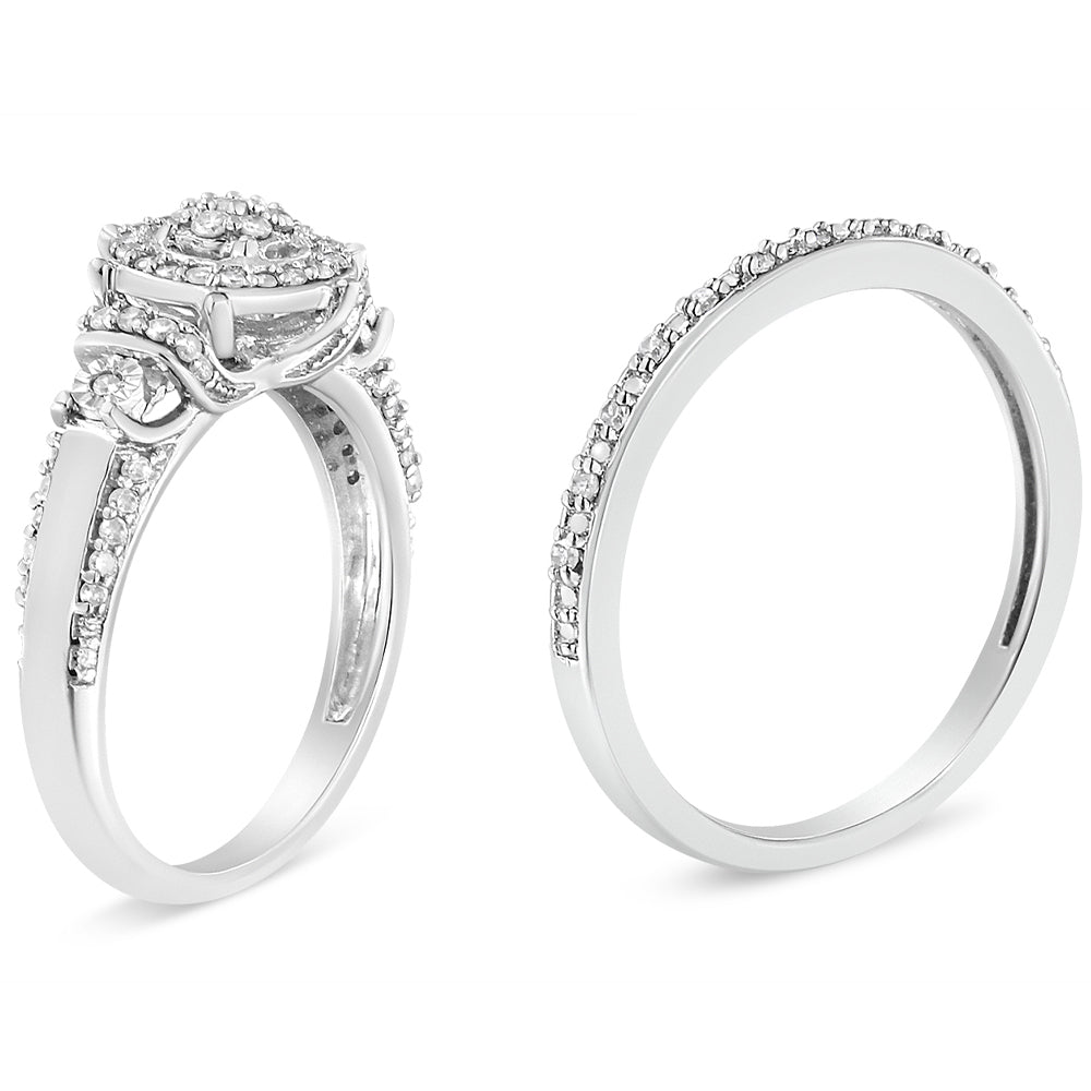 .925 Sterling Silver 1/3 Cttw Diamond 7 Stone Cluster and Halo Engagement Ring and Wedding Band Set (I-J Color, I1-I2 Clarity) - Size 7