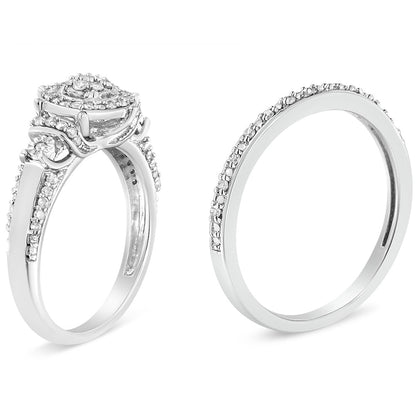 .925 Sterling Silver 1/3 Cttw Diamond 7 Stone Cluster and Halo Engagement Ring and Wedding Band Set (I-J Color, I1-I2 Clarity) - Size 7