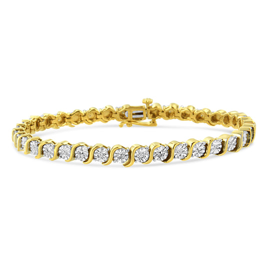 Bracelet de tennis "S" en argent sterling 925 plaqué or rose 14 carats, avec plaque miracle ronde et diamants de 0,10 carat (couleur I-J, pureté I2-I3) - 7"