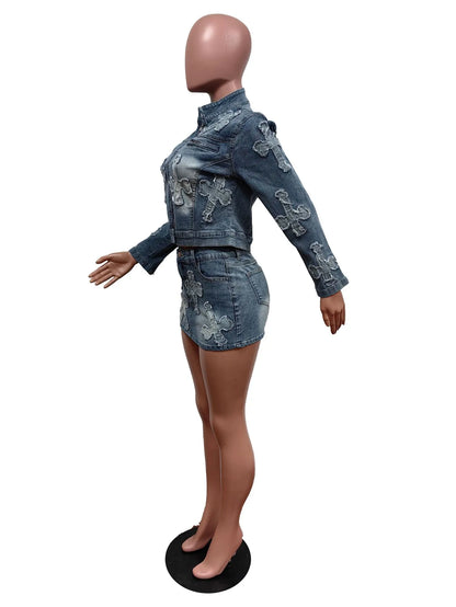 Denim Embroidered Skirt & Jacket Set