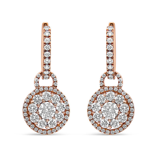Boucles d'oreilles pendantes dormeuses en or rose 18 carats avec diamants ronds composites de 1,5 carat total (couleur F-G, clarté VS1-VS2)