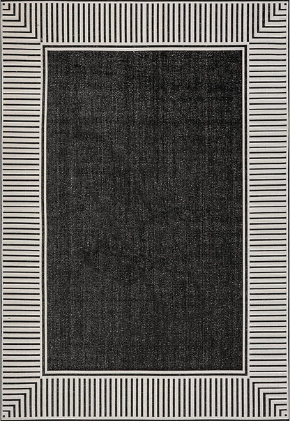 nuLOOM 9'6" x 12' Outdoor Area Rug, Casual Design With Striped Border, Stain Resistant, Highly Durable, For Patio, Balcony, Bedroom, Living Room, Dining Room, Bathroom, Black